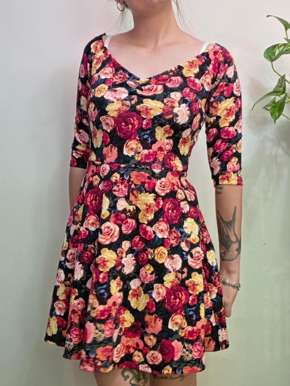 Forever 21 Black Floral Mini Dress with Pink & Yellow Roses Grunge Boho